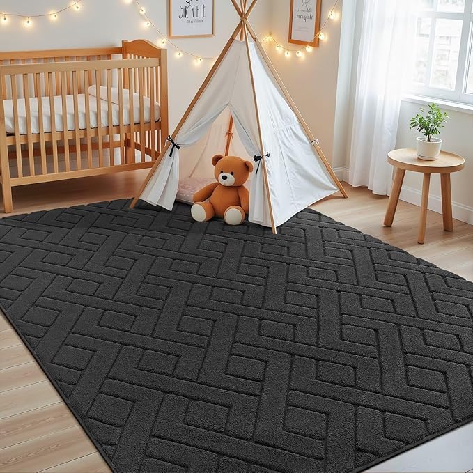 Macgace Ultra Soft Dark Grey Area Rug for Living Room, 6x9 Modern Geometric Shag Rugs with Nonslip Backing for Bedroom, Washable Fuzzy Carpet for Cozy Kids Room Nursery
