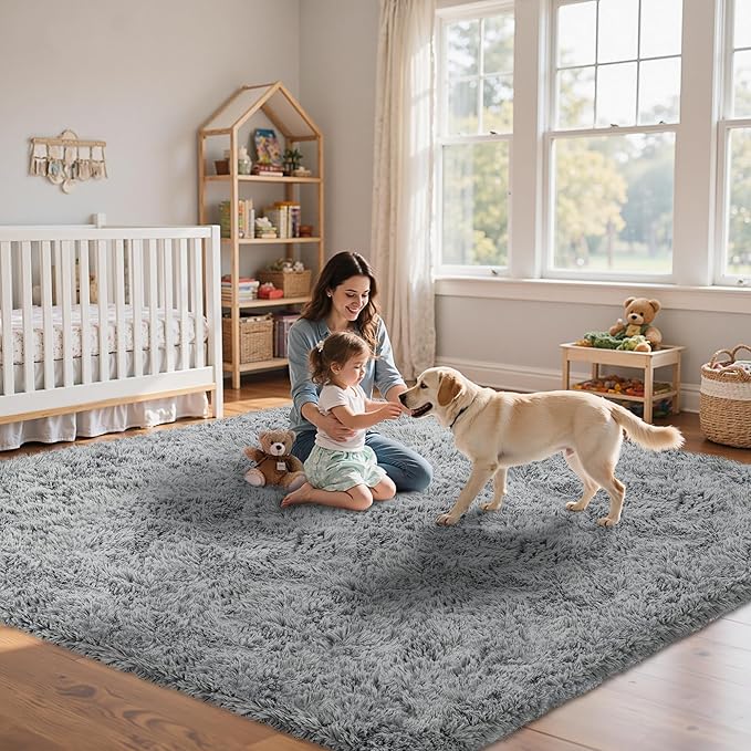 6x9 Area Rug for Living Room:Ultra Soft Fluffy Shag Light Grey Rugs,Large Fuzzy Plush Indoor Non Slip Carpet Washable Rug for Bedroom Kids Nursery Office Dorm Modern Decor(Light Grey 6'x9')