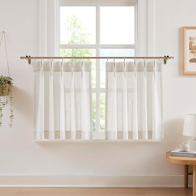 Vision Home Natural Linen Pinch Pleated Tier Curtains 30 inch, Semi Sheer Kitchen Curtains with Back Tab & Hooks, Light Filtering Small Window Panels for Bathroom Laundry, 25" Wx30 Lx2