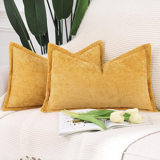 MADIZZ Decorative Chenille Velvet Throw Pillow Covers Set of 2 Soft Boho Textured Neutral Couch Throw Pillow for Bed Modern Farmhouse Home Decor for Sofa Livingroom Yellow 12x20 Inch