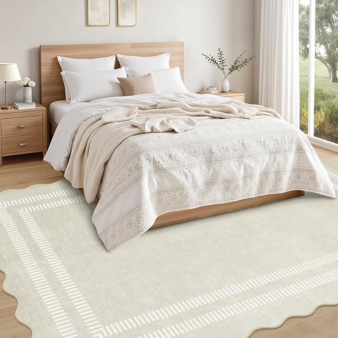 Washable 6x9 Area Rugs for Living Room, Solid Ivory Ultra-Thin Bedroom Rug Non-Slip Dining Room Rugs, Soft Scalloped Carpet for Nursery Kids Room Office