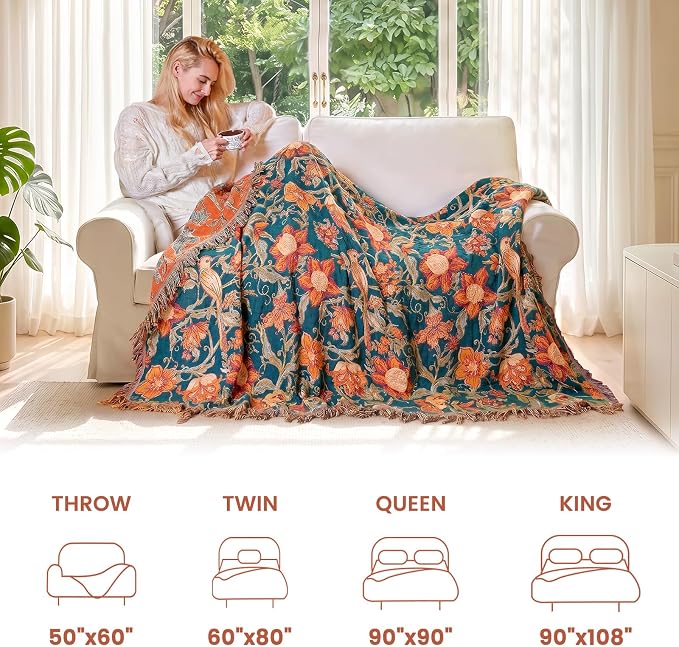 MSGKV Boho Throw Blanket for Bed Twin Size 100% Cotton Floral Bird Blanket 60"x80" Sofa Couch Blankets Muslin Summer Breathable Lightweight Farmhouse Blankets Boho Home Decor All Seasons