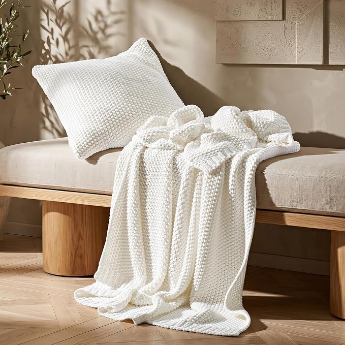 EverGrace Organic Cotton Chunky Knit Throw Blanket, 50 x 60 Bright White | OCS Certified Organic Cotton, Seed Stitch Knit, Soft & Breathable, Cozy Midweight, Decorative Throw for Couch, Bed & Sofa