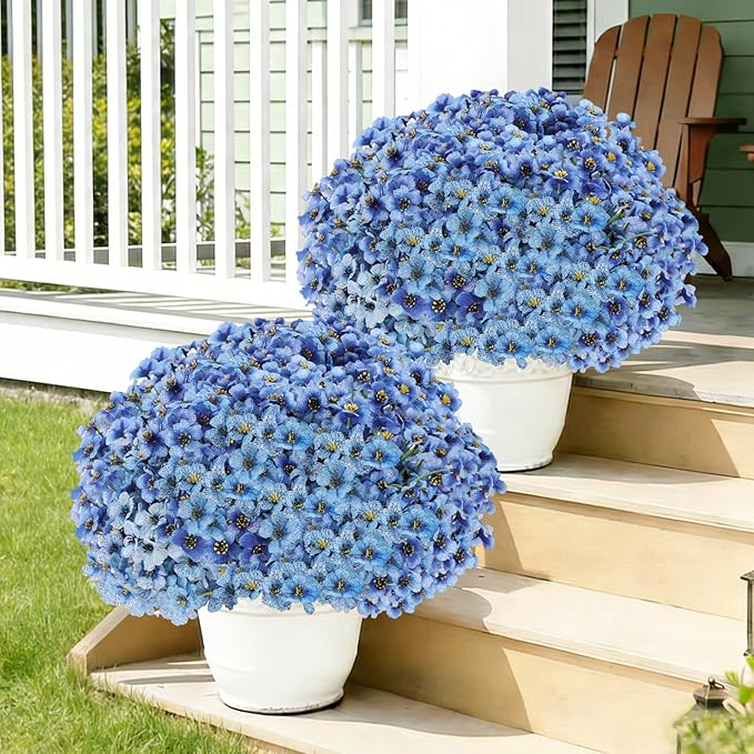 Powbrace 60 Pack Artificial Flowers for Outdoor Indoor Fake Plants, Faux Silk Flowers for Outdoors Outside Front Porch Hanging Planter Window Box Garden Spring Decoration(Blue)