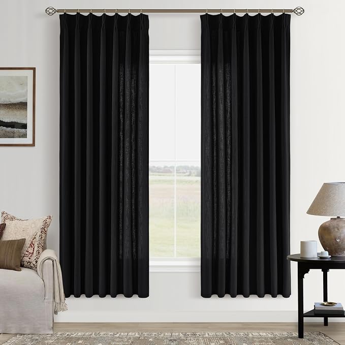 Black Pinch Pleated Semi Sheer Linen Curtains 72 Inch Long for Bedroom | Flax Faux Textured, Light Filtering Privacy, Bay Window Balcony, Hook Rings Memory Shape Pleat, Luxury Elegant, Room Divider