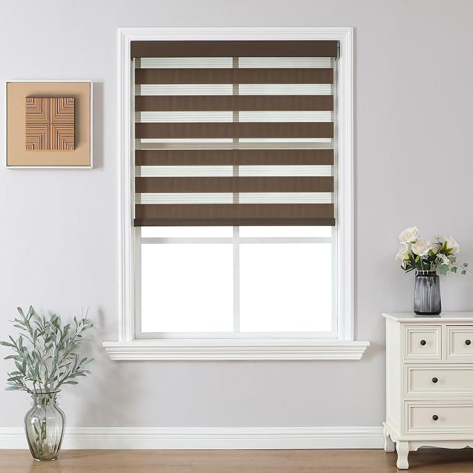 Joydeco Cordless Zebra Blinds (Pro), Dual Layer Light Control Zebra Blinds for Windows, Light-Proof Aluminum Cover, Free-Stop Roller Shades for Home & Office (Coffee, 20" W x 48" H)