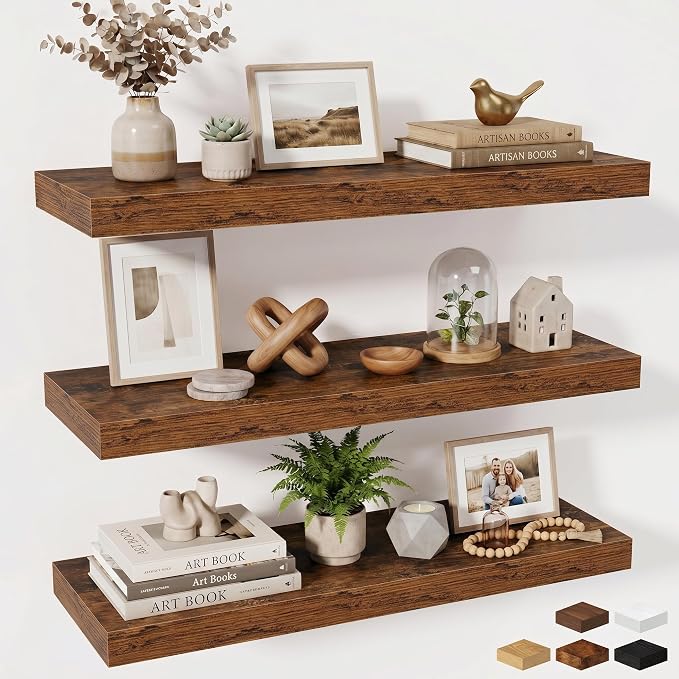 Fun Memories Floating Shelves for Wall, 32 Inch Long Floating Shelves Set of 3, 32 x 10 Wooden Shelves for Wall, Large Storage Shelves, Hanging Shelves for Bathroom Kitchen Bedroom, Rustic Brown