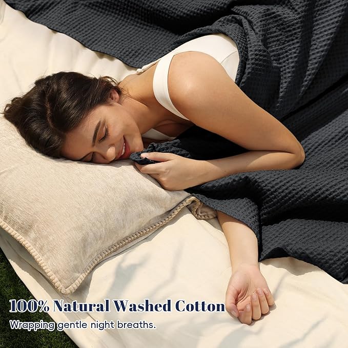 PHF 100% Cotton Waffle Weave Blanket Twin Size 66"x90" - Lightweight Washed Soft Breathable - Perfect Layer for Couch Bed Sofa - Aesthetic Elegant Home Decoration Gift - Black