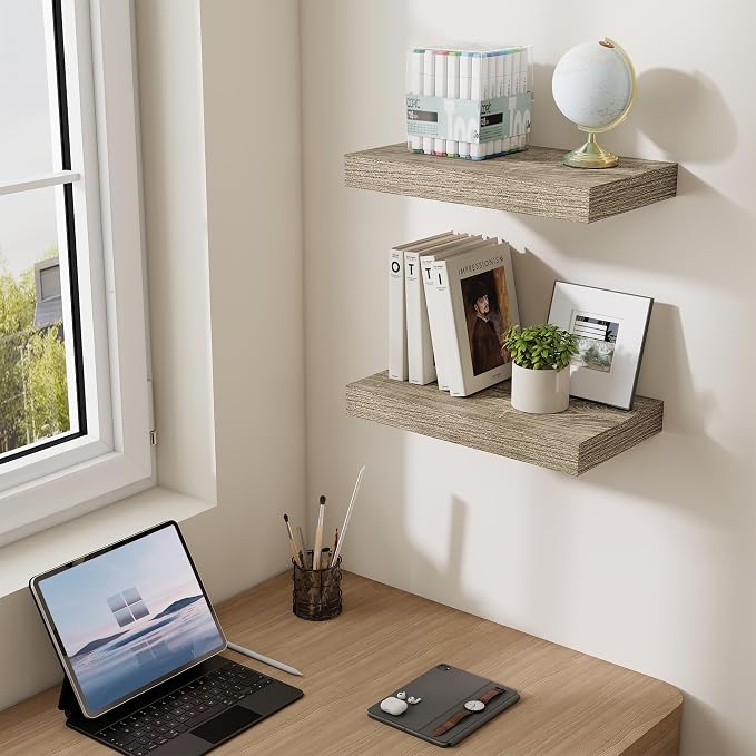 Dreamland 16" Floating Shelves 6.7" Deep Wall Mounted Set of 2 Grey | Wall shelves for bathroom, bedroom, Living Room, kitchen, deep wall mount wood storage display for home decor 16" x 6.7"