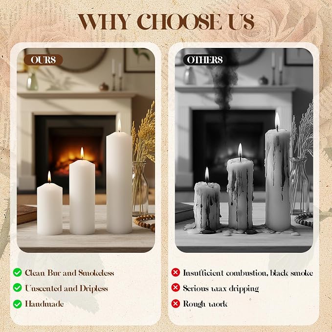 18 Pack Ivory Pillar Candles Bulk Set, 2x3 2x4 2x6 Inch - 6 Each Size, Dripless Smokeless Clean Burning for Wedding Centerpieces, Home Decor, Church, Romantic Ambiance！