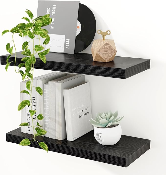 Floating Shelves for Wall, 16 inch Black Shelves 9.3in Deep Wooden Shelf, Floating Wall Shelves for Kitchen, Bathroom, Living Room & Bedroom Organizer, 16 x 9.3 x 1.5 in, 2 Packs