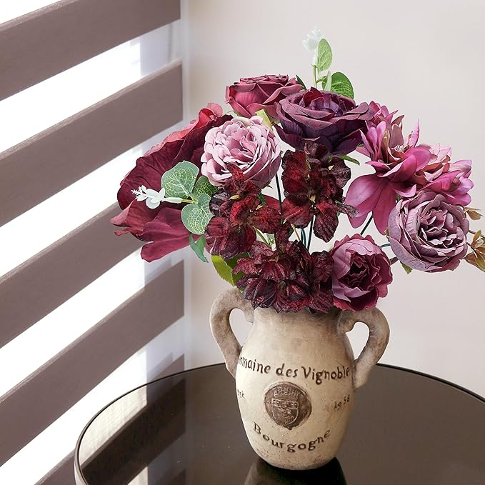 Artificial Flowers Combo Box, 38PCS Fake Flowers, Silk Flower Mix with Wire Stem, DIY Wedding Bridal Bouquet for Arrangement, Shower Party Home Décor, Blush Pink & Burgundy Mix