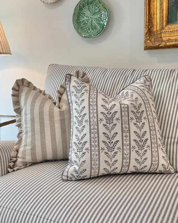 Jillien Harbor “The Campbell” Decorative Pillow Cover – Beige & Taupe Neutral Home Accent Pillow Cover with Ivory Background – Grandmillennial Home Decor, 20" x 20"