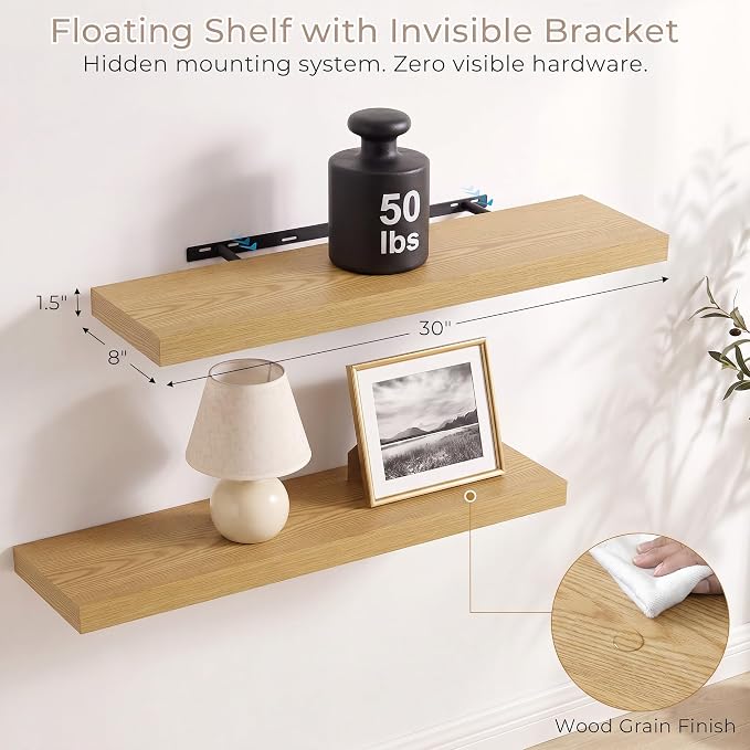Vivelove Wall Floating Shelves for Display with Invisible Brackets, 30 Inch Floating Shelves for Kitchen Bedroom Bathroom Living Room Kitchen Office, 30”X 8" X 1.4", Set of 2 - Oak