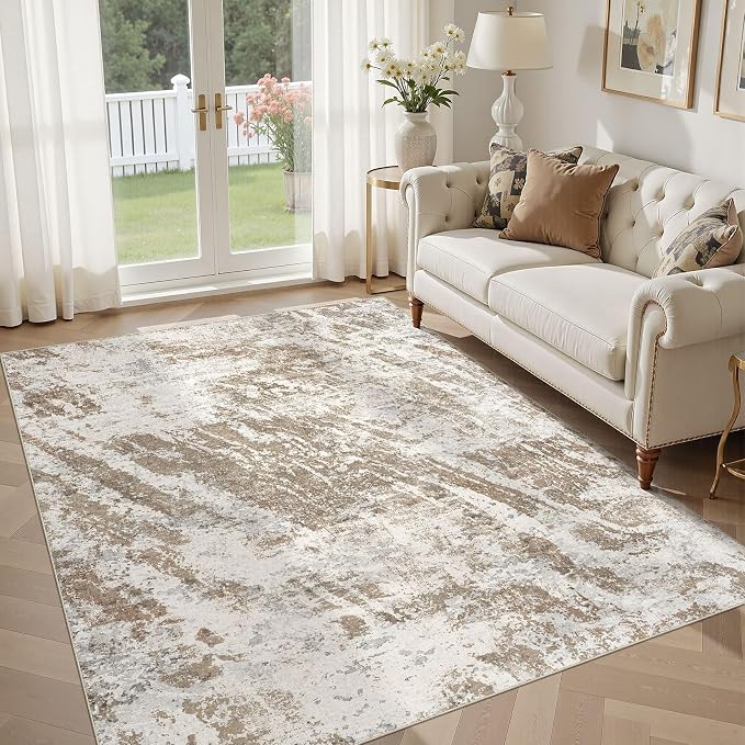 DMOYEST 5x7 Washable Area Rug: Abstract Modern Non-Slip Carpet, Soft Low Pile Indoor Neutral Easy Clean Floor Rugs for Living Room Bedroom Dining Room Kids & Pets - Brown