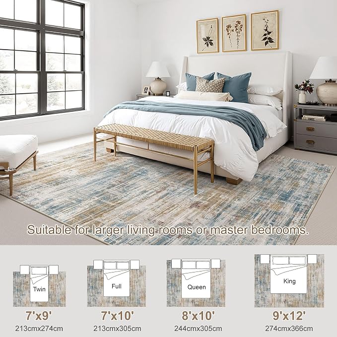 UERMEI 7x9 Area Rug for Living Room: Washable Modern Neutral Abstract Large Soft Low Pile Carpet Non-Slip Pet Kids Friendly Indoor Decor for Bedroom Dining Room Home Office Nursery Blue Brown