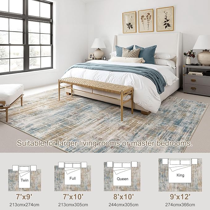 UERMEI 8x10 Washable Area Rug for Living Room: Modern Neutral Abstract Large Soft Low Pile Carpet Non-Slip Pet Kids Friendly Indoor Decor for Bedroom Dining Room Home Office Nursery Blue Brown