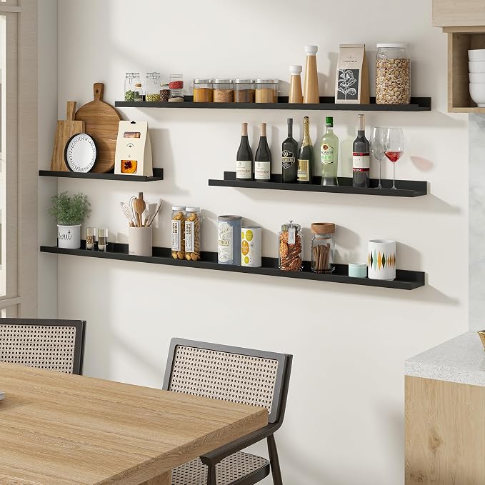 Acovy Floating Shelves for Wall, 24 inch Solid Wood Picture Ledge Shelf, Picture Shelf for Wall with Ledge, Floating Book Shelves for Living Room Bedroom Kitchen Nursery Decor, Black, Set of 2