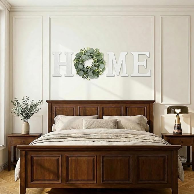 Pinkpum Wood Home Sign with Artificial Eucalyptus Wreath for O, Hanging Farmhouse Wall House Decor Wood Letters for Wall Art Rustic Home Decor, Wall Decor for Living Room Kitchen Entryway (White)