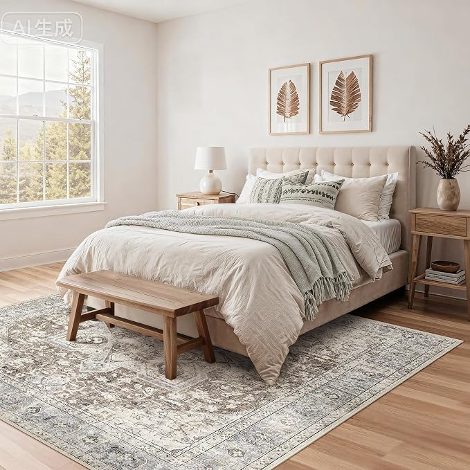 Tortania 6' Square Area Rug Living Room Rugs - Washable Boho Rug Vintage Oriental Distressed Farmhouse Large Thin Indoor Carpet for Bedroom Under Dining Table Home Office - Brown Blue
