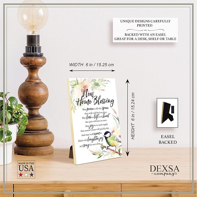 DEXSA New Home Blessing Wood Plaque with Inspiring Quotes 6"x9" - Elegant Frame Wall & Tabletop Decoration | Easel & Hanging Hook | Christian Family Religious Home Decor Saying | Made in the USA
