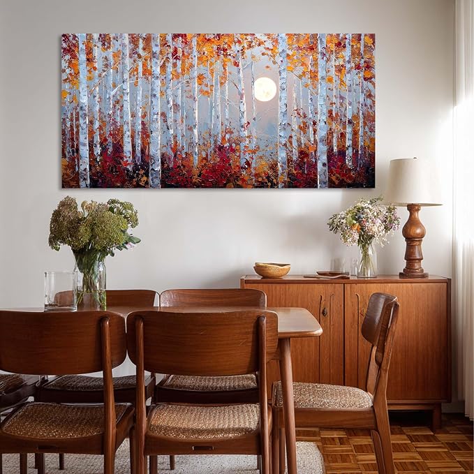 Ggaafet Birch Forest Wall Art for Living Room Canvas Oil Painting Prints Beautiful Moon Night Art Deco Modern Artwork Office Bedroom Family Dining Room Decor Large