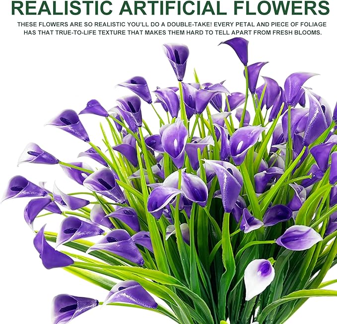 TURNMEON 12 Bundles Calla Lily (240 Heads) Artificial Flowers for Outdoors, Fake Plants UV Resistant Faux Plastic Fake Flowers for Indoor Planter Home Porch Yards Spring Summer Cemetery Decor(Purple)