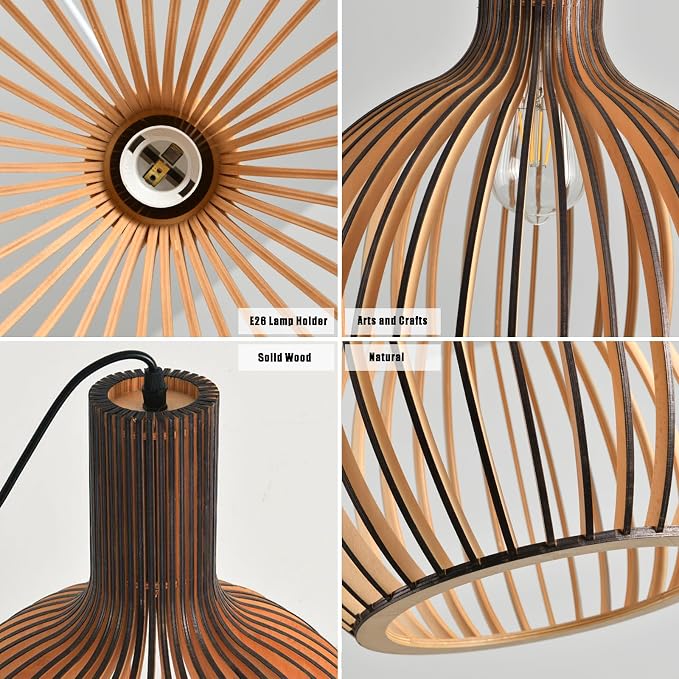 Wood Pendant Light, E26 Base Hanging Lamp Indoor, Natural Wooden Hand Made Chandelier, Boho Height Adjustable Dining Table Hanging Lamp for Hotel Bar Café Kitchen Island Hallway Entryway