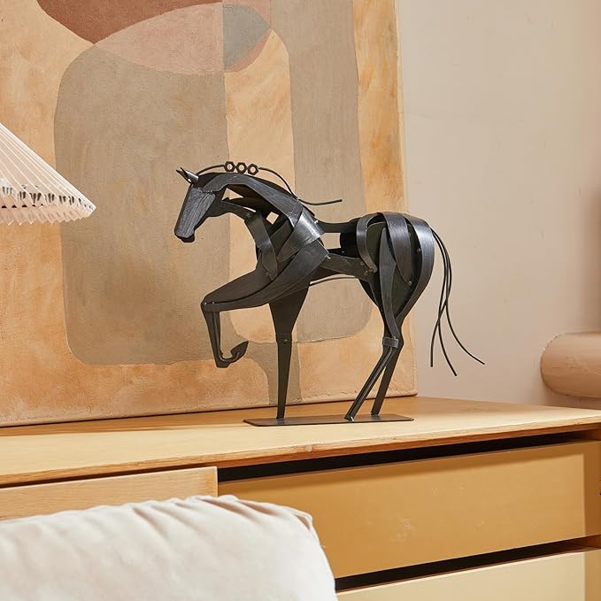SunBlogs Art Metal Horse Statue Décor, Handmade & Hand-Painted Modern Western Horse Decoration, Rustic Iron Sculpture Gifts for Home Office for Horse Lovers