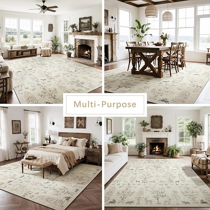 Srugn Washable Rugs 8x10 Area Rugs for Living Room,Bedroom,Dining Room- Large Ultra Soft Faux Wool Retro Carpet,Non Slip&Non-Shedding Low Pile Vintage Print Rug for Home Office Dorm Playroom-Brown