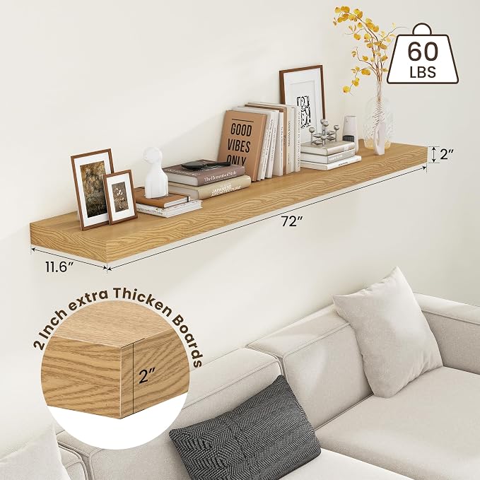 FLYJOE Deep Floating Shelves, 72 Inch Oak Shelves Set of 1 | 12 Inch Deep Shelves for Wall, 72'' x 12'' Rustic Wood Shelves for Bathroom Living Room Laundry Room Kitchen
