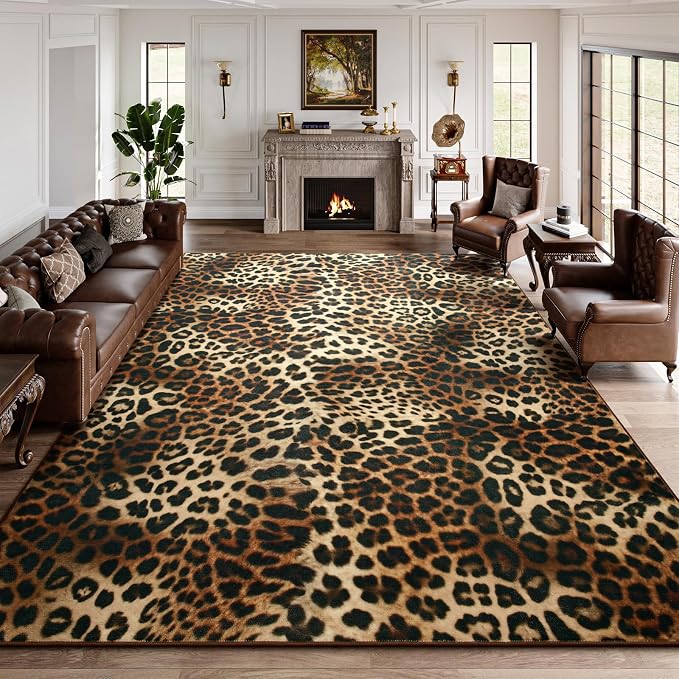 DweIke Leopard Rugs for Living Room, 6x9 Cheetah Print Rug for Bedroom Decor, Washable Non-Slip Stain Resistant Faux Animal Throw Carpet for Dining Room Office Western Home, Dark Brown
