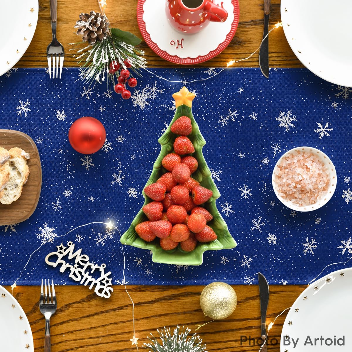 Artoid Mode Snowman Birds Trees Christmas Table Runner, Seasonal Blue Winter Holiday Kitchen Dining Table Decoration for Indoor Outdoor Home Party Decor 13 x 120 Inch