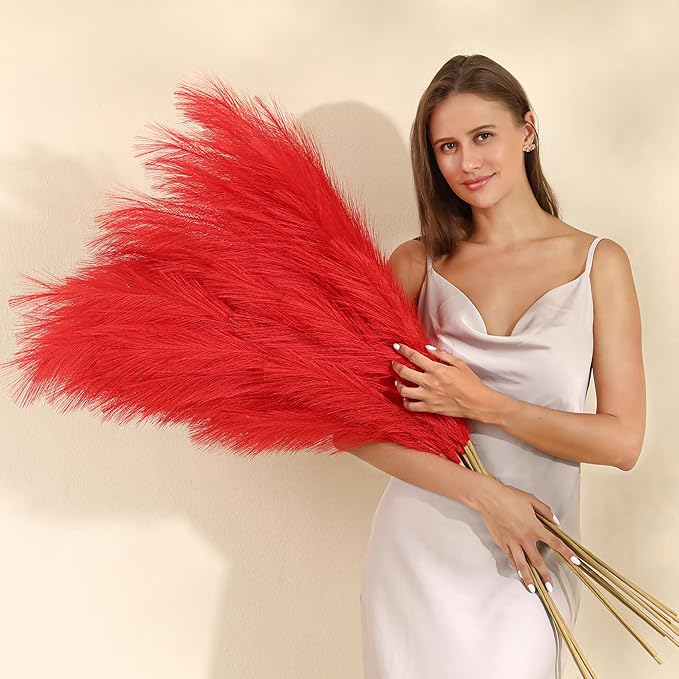 Wertuirk Red Pampas Grass Decor - 45-Inch Set of 8 | Artificial Large Pampas Grass Soft and Fluffy | Long Faux Flower | Perfect for Wedding Centerpieces, Farmhouse, Living Room Decor