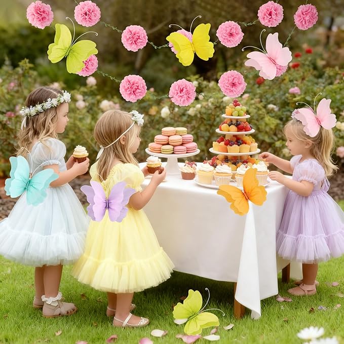 OBBOLO 3D Hanging Butterfly Decorations, Colorful Butterfly Birthday Party Decorations with Tissue Pompom Garland, 6 Pcs Paper Hanging Decorations for Girls, Women, Flower Garden Party Décor