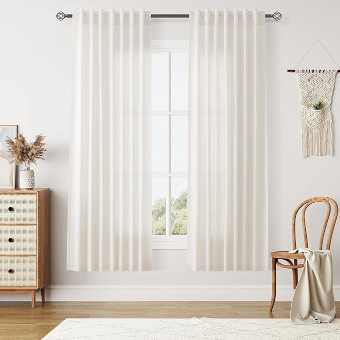 Nanspring Beige White Linen Curtains 72 Inch Long 2 Panels for Living Room Light Filtering Drapes Textured with Back Tab Rod Pocket Semi Sheer Privacy for Bedroom Rustic Country Decorative 50 x 72