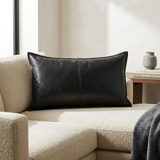 Genuine Leather Pillow Cover Case for Lumbar Throw Couch Pillows - Modern Farmhouse Decorative Sofa Thick & Soft Cushion Covers (Black - Leather Front & Back, 12" x 20")