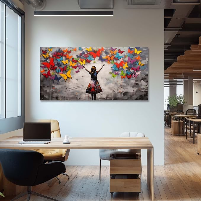 Graffiti Girl Wall Art for Living Room Canvas Oil Painting Prints Beautiful Butterfly Dream Art Deco Modern Artwork Office Bedroom Girls Dormitory Dining Room Decor Large