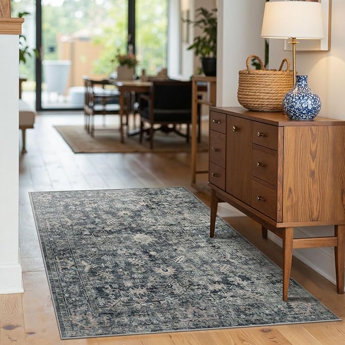 Rugxara 3x5 Rug for Entryway Bedroom, Blue 3x5 Washable Area Rug, Vintage Retro Boho Throw Rug, Non Slip & Low Pile Small Carpet for Indoor Kitchen, Bedside, Living Room, Bathroom and Dining