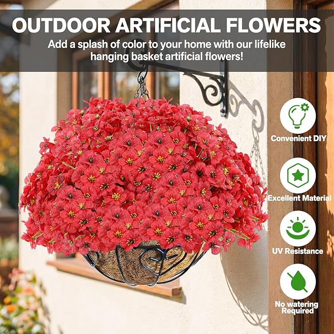 Powbrace 60 Pack Artificial Flowers for Outdoor Indoor Fake Plants, Faux Silk Flowers for Outdoors Outside Front Porch Hanging Planter Window Box Garden Spring Decoration(Red)