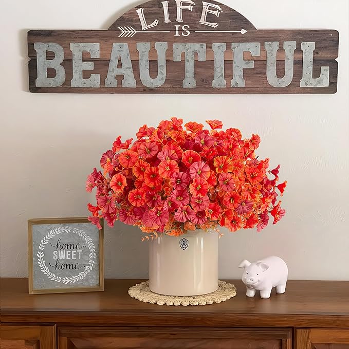 Hrobek Fall Artificial Flowers for Decoration, 12 Bundles Fake Mums Autumn Flower Plants Petunias, Faux Silk Morning Glory Eucalyptus for Planter Garden Porch Front Door Window Box, Orange Red