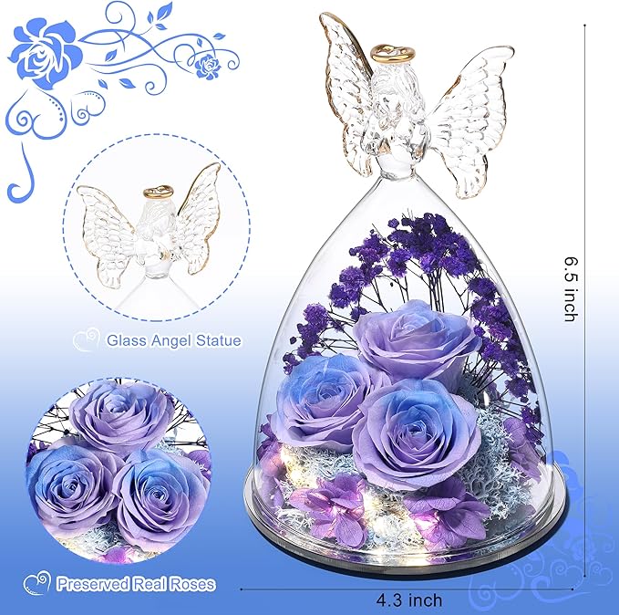 Mothers Day Rose Gifts for Women Preserved Real Flower in Glass Angel Figurines Roses for Delivery Prime Birthday Gifts for Mom Grandma Girlfriend Wife Her, BluePurple