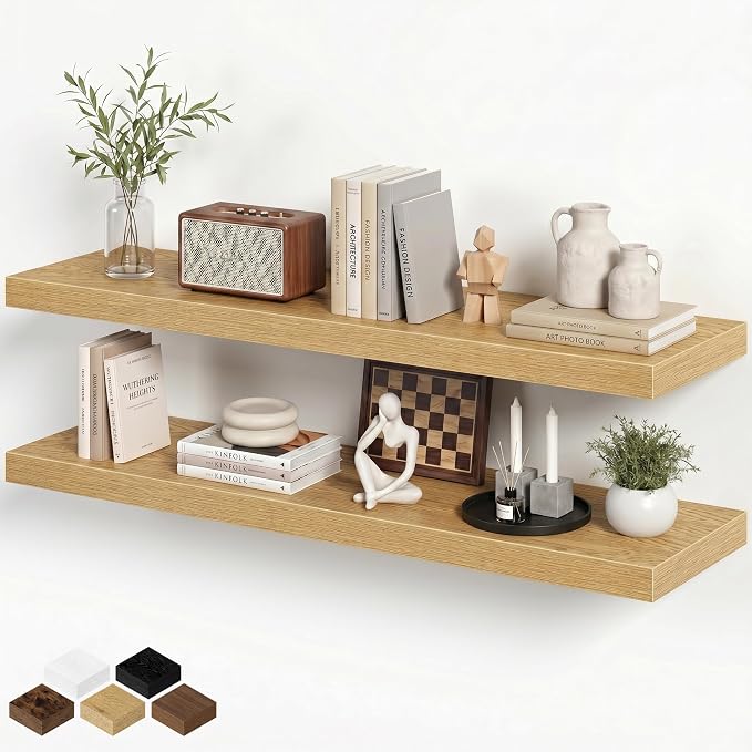 Fun Memories 36 Inch Floating Shelves, Wall Shelves Set of 2 for Bathroom/Living Room/Bedroom/Kitchen, Wall Mounted Floating Shelf for Home Decor with Invisible Brackets, Oak