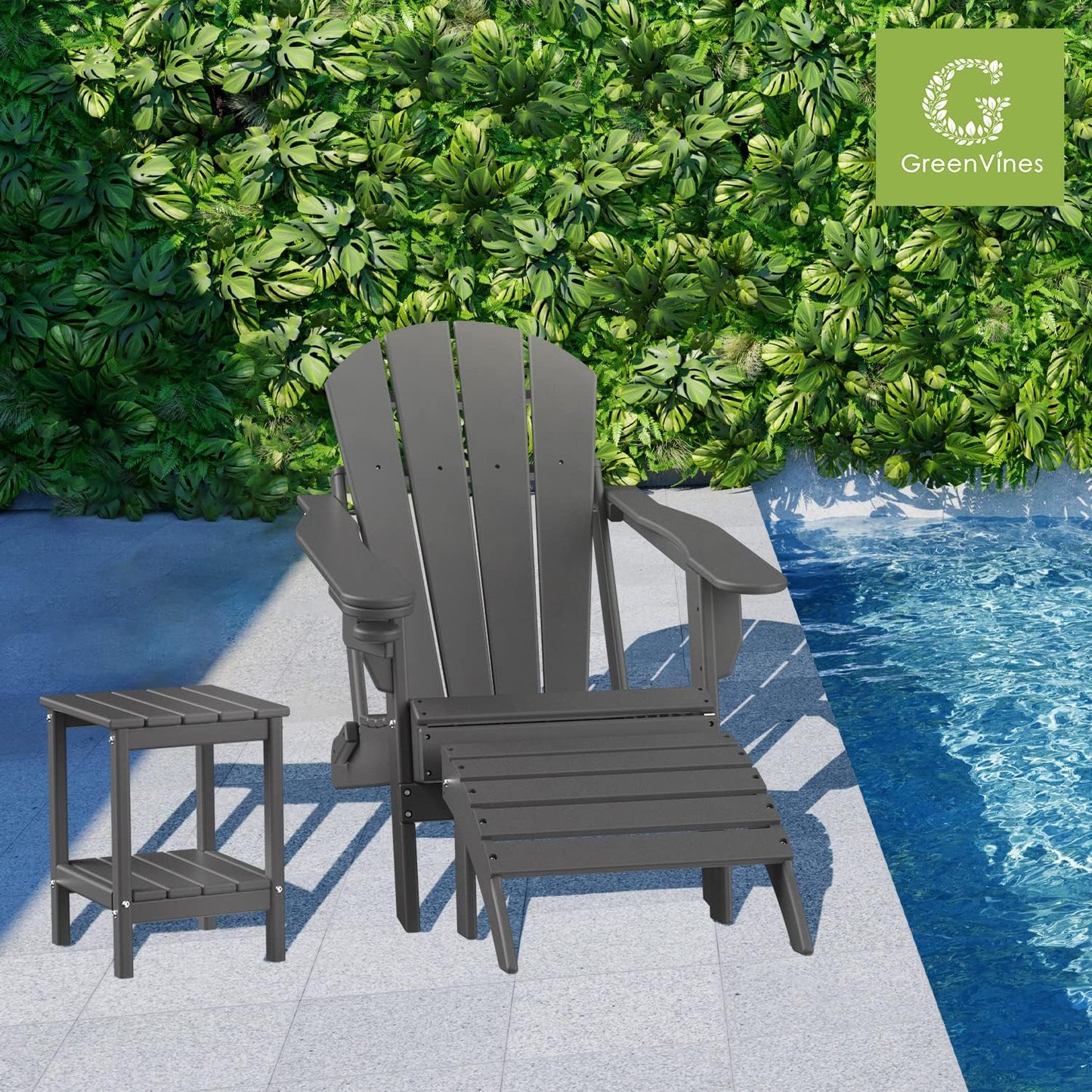 GREENVINES Adirondack-Ottoman | HDPE Plastic | Outdoor Footrest | All Weather | Foot Rest | Foot Stool | Grey | for Adirondack Chair | for Patio Backyard Pool
