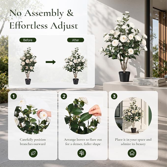 3FT Artificial Camellia Tree 2 Pack, UV Resistant Faux Camellia Plants with Realistic White Flowers, Tall Fake Potted Trees for Front Porch Patio Garden Home Decor, Indoor Outdoor