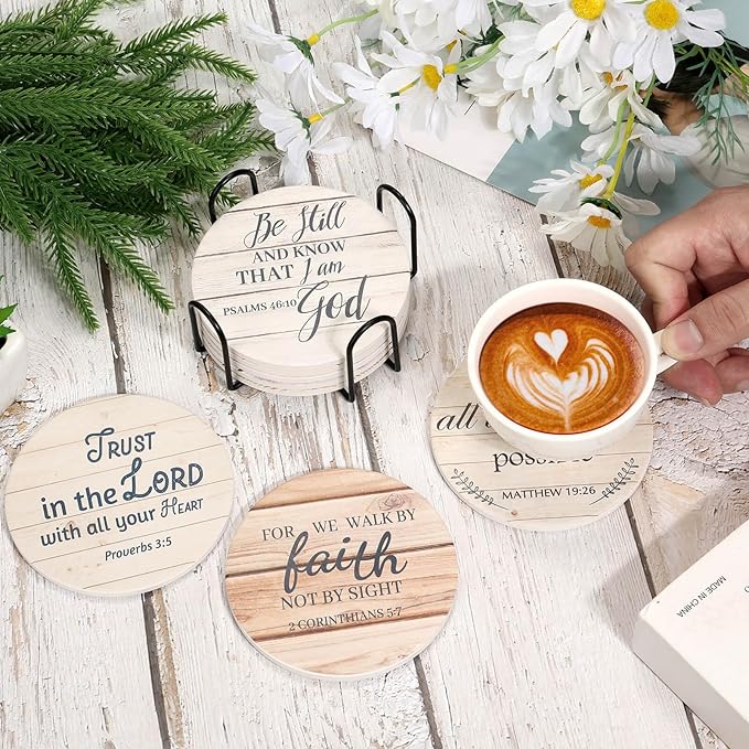 Billbotk Ceramic Coasters with Bible Verses, Christian Coasters Set of 8 with Holder, Absorbent Drink Coasters for Christian Gifts and Home Decor, 4 Inches