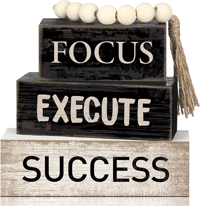 Yuntau 4 Pcs Motivational Wooden Tabletop Decor Inspirational Tiered Tray Decor Rustic Retro Wood Bead Garland Focus Execute Success Block Sign Gift Farmhouse Centerpiece for Home Shelf Mantle