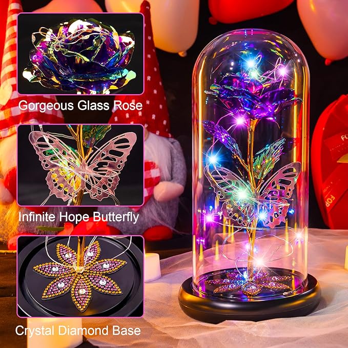 Mothers Day Flowers Gifts for Mom Women Birthday Gift Galaxy Glass Rose Forever Eternal Crystal Flowers Rose in Glass Dome with Butterfly Mother's Day Roses Gifts for Mom Daughter Wife Grandma Purple