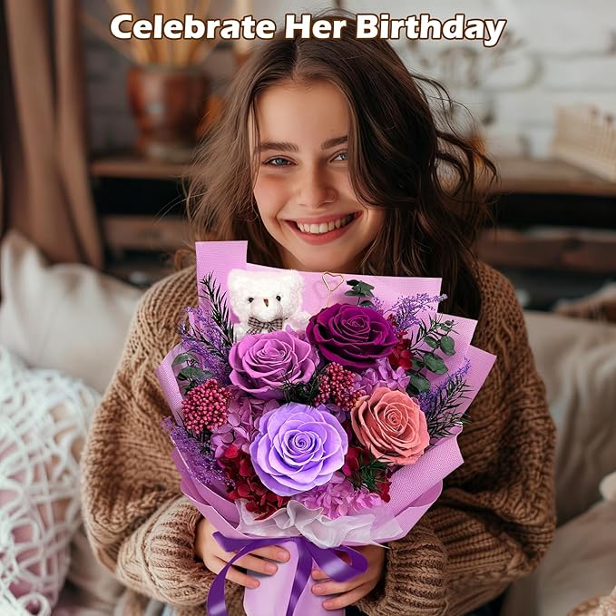 Preserved Flowers Bouquet with Bear&Photo Clip,Last 1-3 Years,4 Real Roses,Flowers for Delivery Prime,Valentine,Mother's day,Anniversary,Birthday Gifts for Grandma Mom Wife Daughter Women Her,Purple
