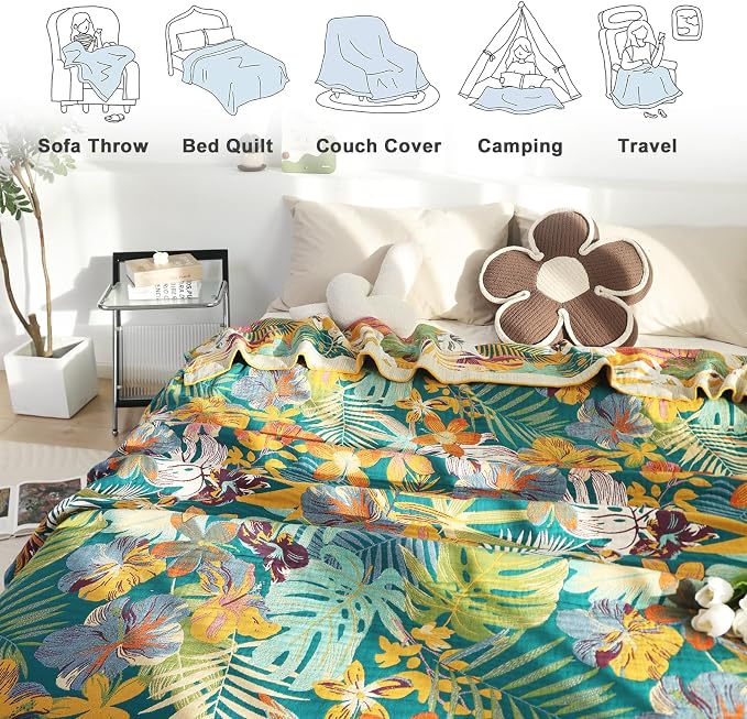 MSGKV Boho Throw Blanket for Couch and Sofa Cotton Blankets for Living Room Bedroom Reversable Florals Throw 60"x80" Summer Breathable Cozy Blankets